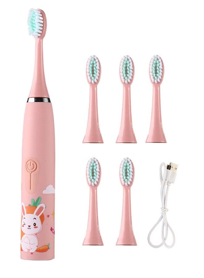 Kids Rechargeable Electric Toothbrush With Timer, 6 Brush Heads, Rabbit, Pink