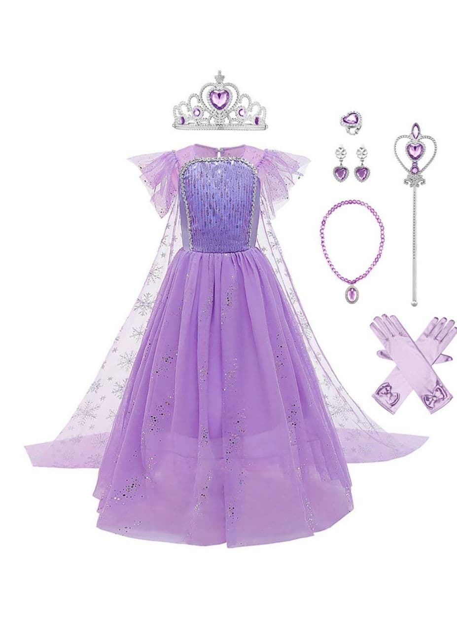 Girls Snow Queen Princess Fancy Dress Up Sequin Tulle Long with Accessories for Kids Birthday Party Carnival Cosplay 7-8 Years 51.0" / 130cm (purple)
