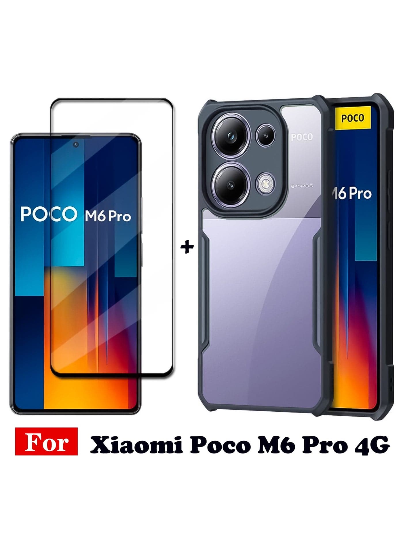 For Xiaomi POCO M6 Pro 4G Cover, with Tempered Glass Screen Protector, TPU Shockproof Airbags Bumper Mobile Phone Back Cover, Camera Lens Protection Anti-Yellowing Mixed Material Protective Casing