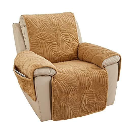vctops Palm Leaves Velvet Plush Quilted Recliner Chair Cover Anti-Slip Super Soft Furniture Protector with Elastic Straps for Kids, Dogs, Pets, Khaki