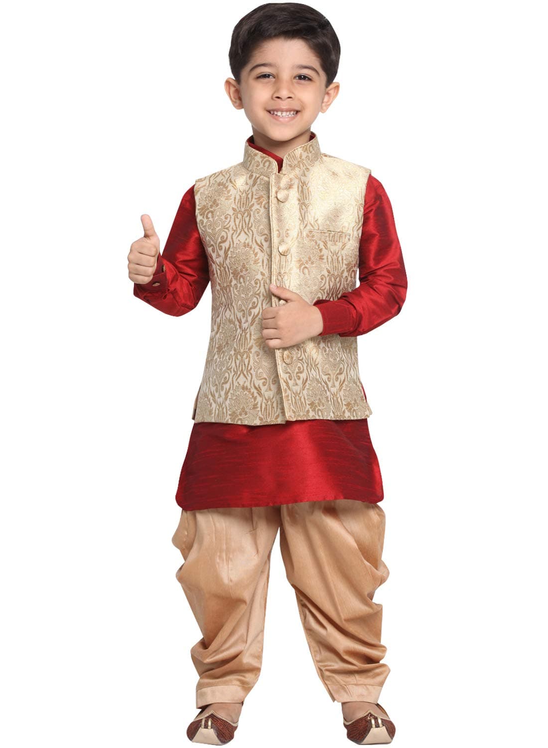 JBN Creation Vastramay Boys' Cotton Silk Blend Nehru Modi Jacket Kurta and Pyjama Set_VASnBJ024RGnBUK001MAnCDRG_32