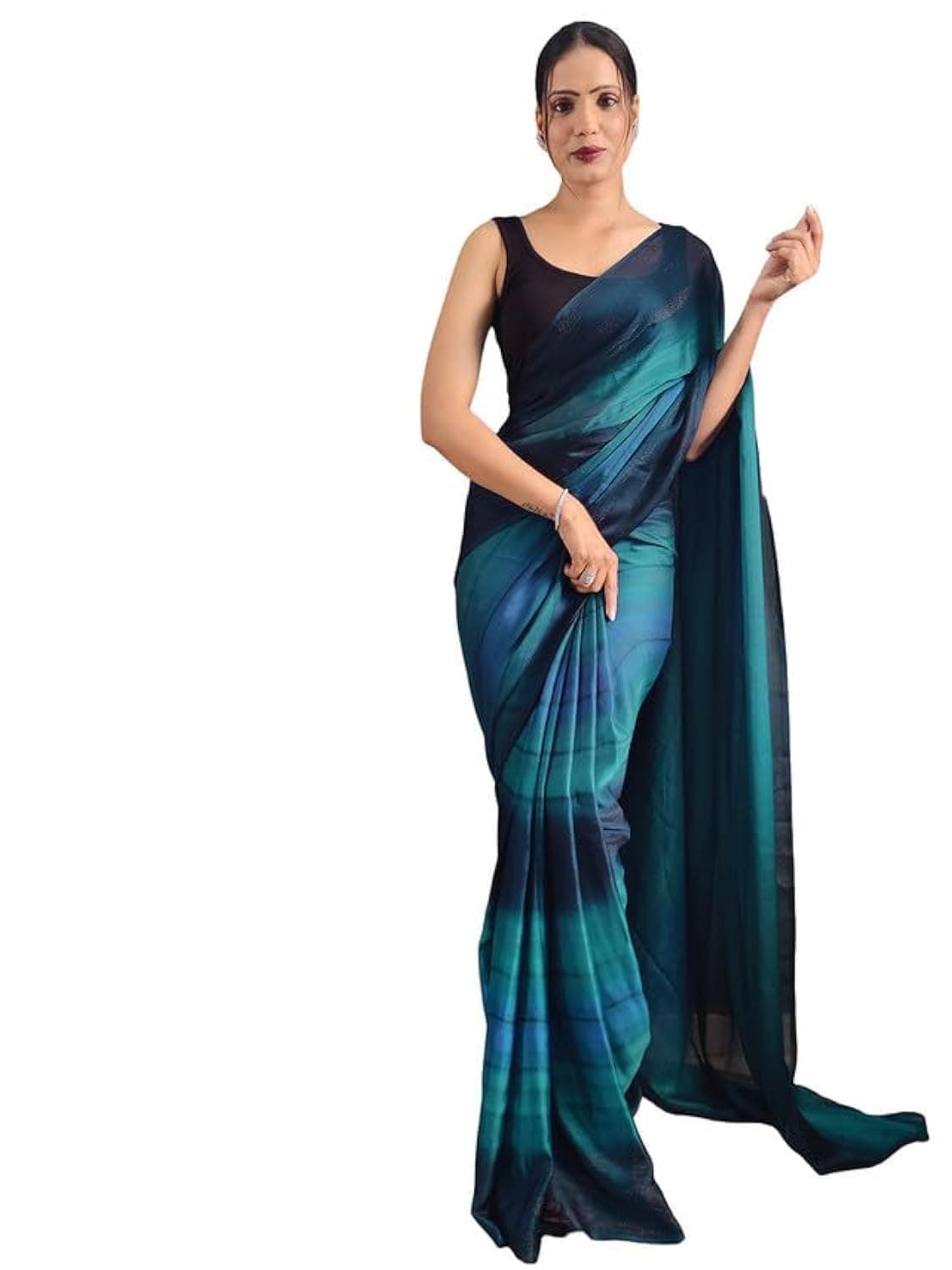 Satrani Women's Georgette Printed & Ready To Wear Saree with Unstitched Blouse Piece (3374S362NA_Blue &Dark Blue &Navy Blue3)