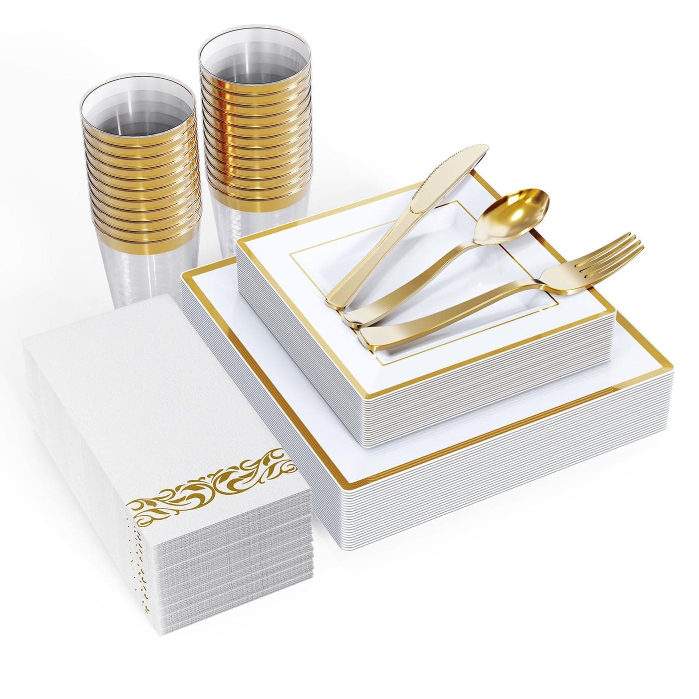 FOCUSLINE 175 Ct Gold Dinnerware Set for 25 Guests Square Plastic Plates with Gold Rim Includes 25 Disposable Dinner Dessert Plates Napkins Cups Cutlery Set for Wedding Parties