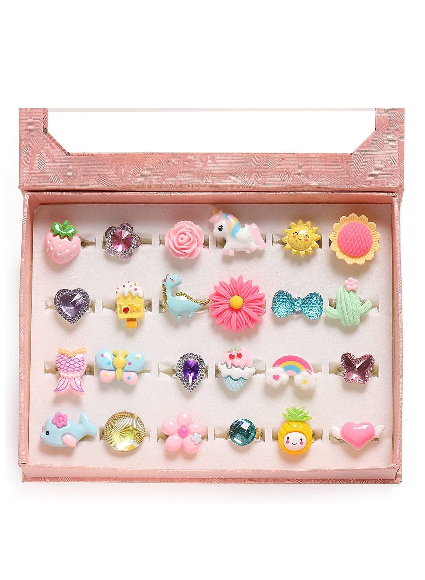 Little Girl Jewel Rings in Box, Adjustable, No Duplication, Girl Pretend Play and Dress Up Rings (24 Lovely Ring)