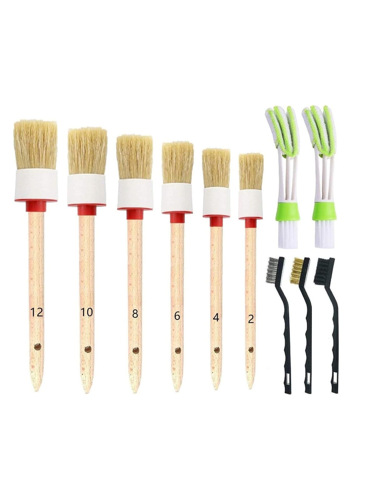 Car Detailing Brush Set for Cleaning Wheels Interior Exterior Leather Includes 6Pcs Wooden Handle Automotive Detail Brush 3Pcs Wire Brush and 2Pcs Air Conditioner Brush 11Pcs
