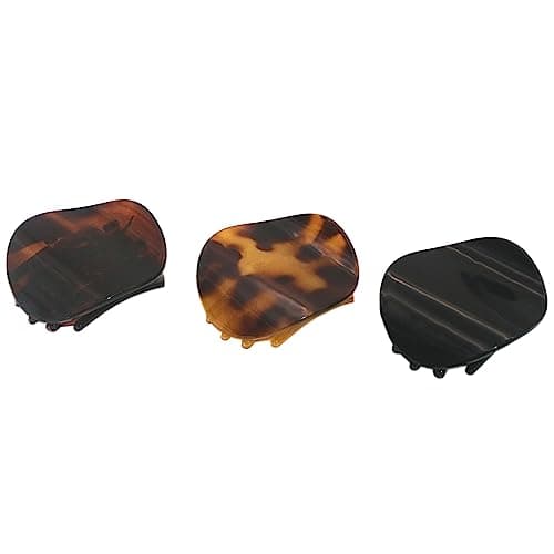 Parcelona French Onde Tortoise Shell Black and Savana Small 2” Celluloid Set of 3 Round Side Slide In Secure Grip Hair Claw for Women and Girls