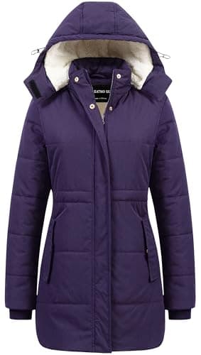 CREATMO US Womens Puffer Coat Women Winter Jacket Ladies Cold Weather Coats Water-Repellent Thicken Warm Sherpa Lined Parka with Hood Dark Purple XL