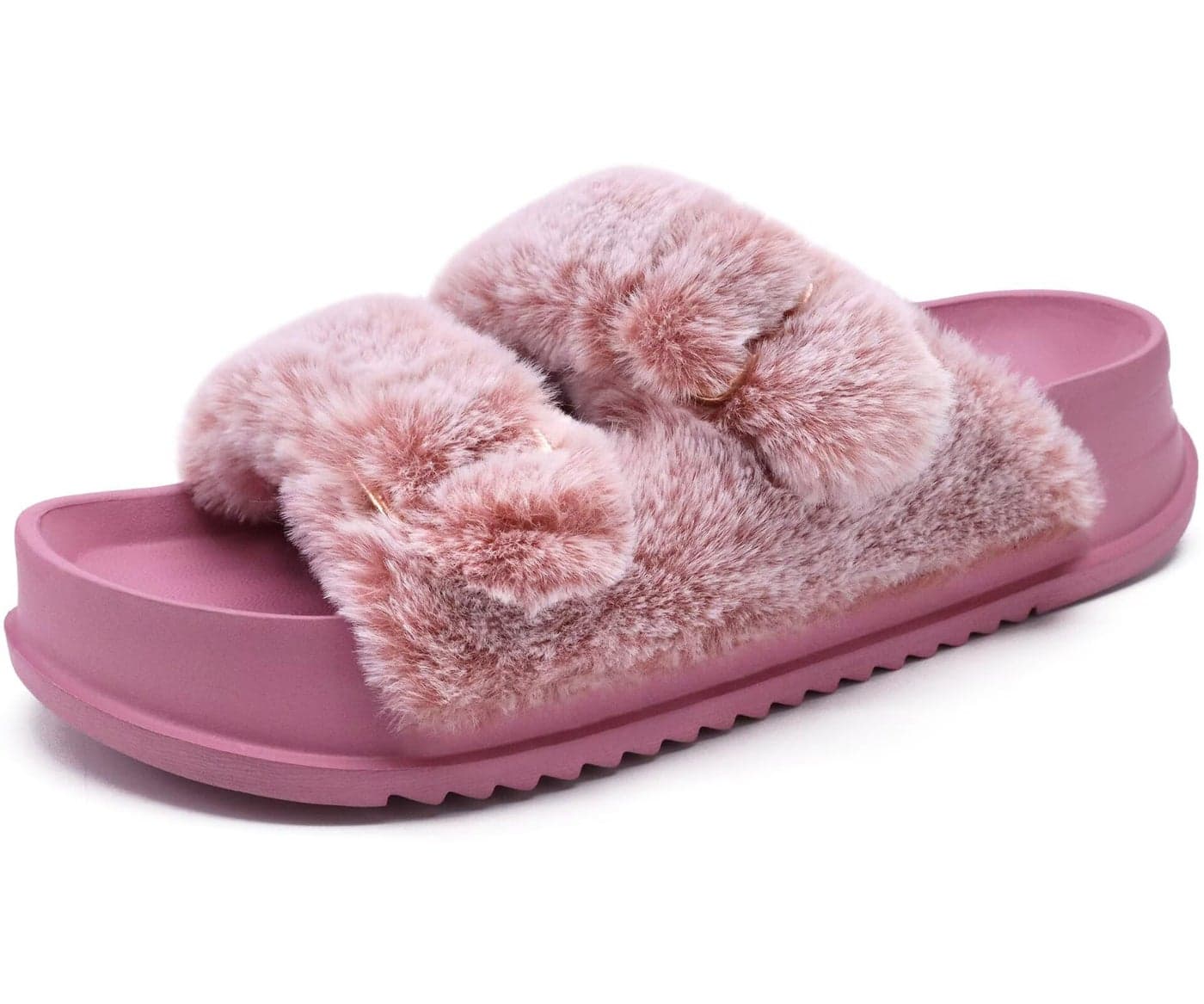 KuaiLu Women's Fluff Slippers Pink Size 10, Plantar Fasciitis Arch Support Platform Slippers Ladies Fashion Open Toe Faux Fur Sliders House Slipper