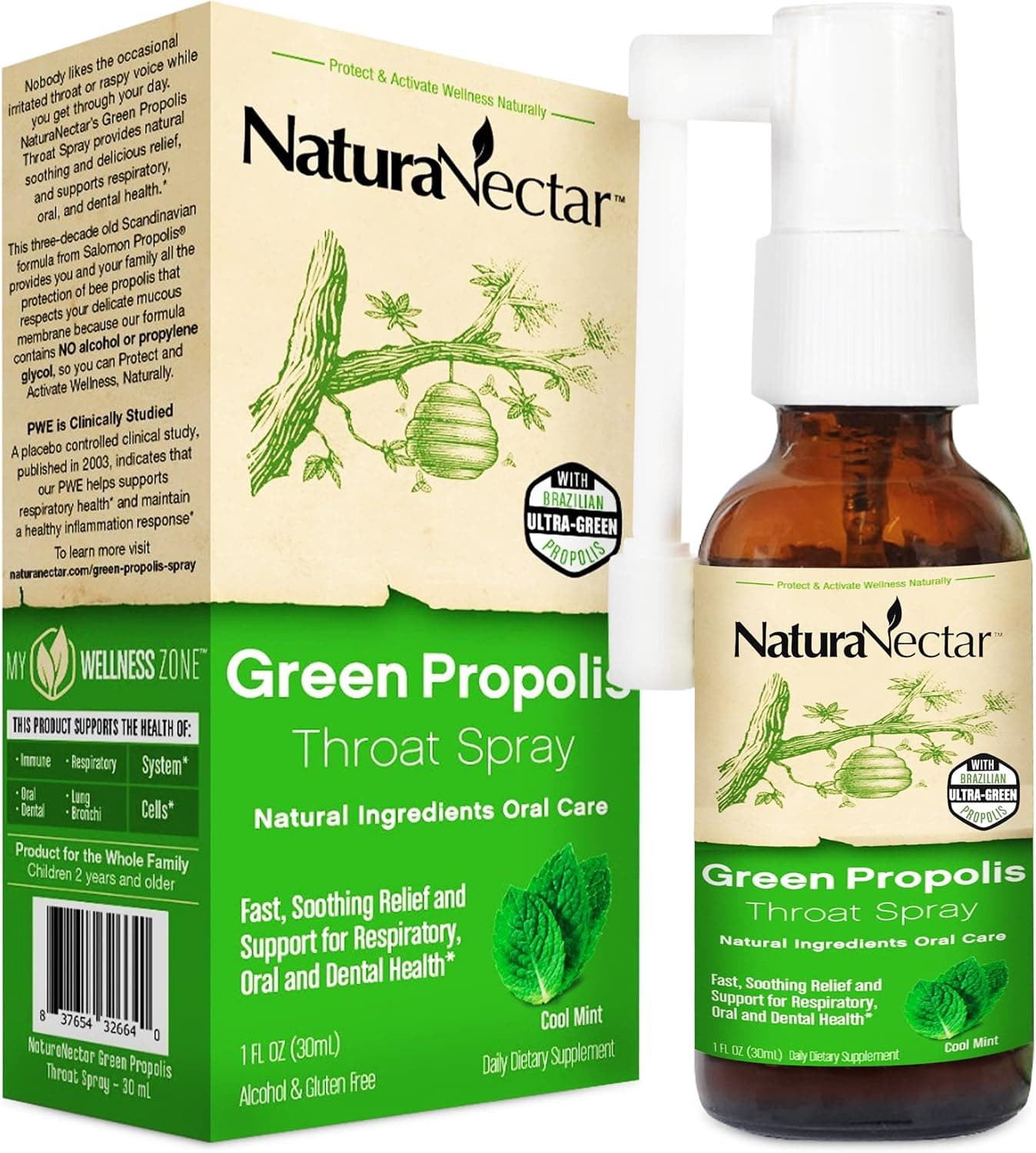 NaturaNectar - Green Propolis Throat Spray - Unique, Soothing Throat Care Relief with Brazilian Bee Propolis - Natural and Non-Alcoholic Throat Care Formula from Sustainable Beekeeping (1-Pack, 30mL)