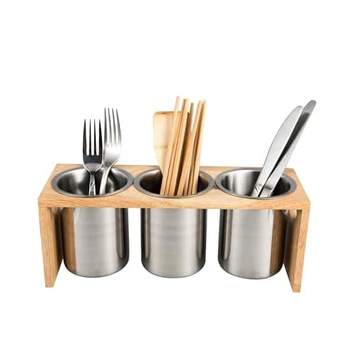 IMEEA Silverware Caddy Flatware Holder Stainless Steel Utensil Caddy Organizer with Wood Base for Countertop Parties Kitchen