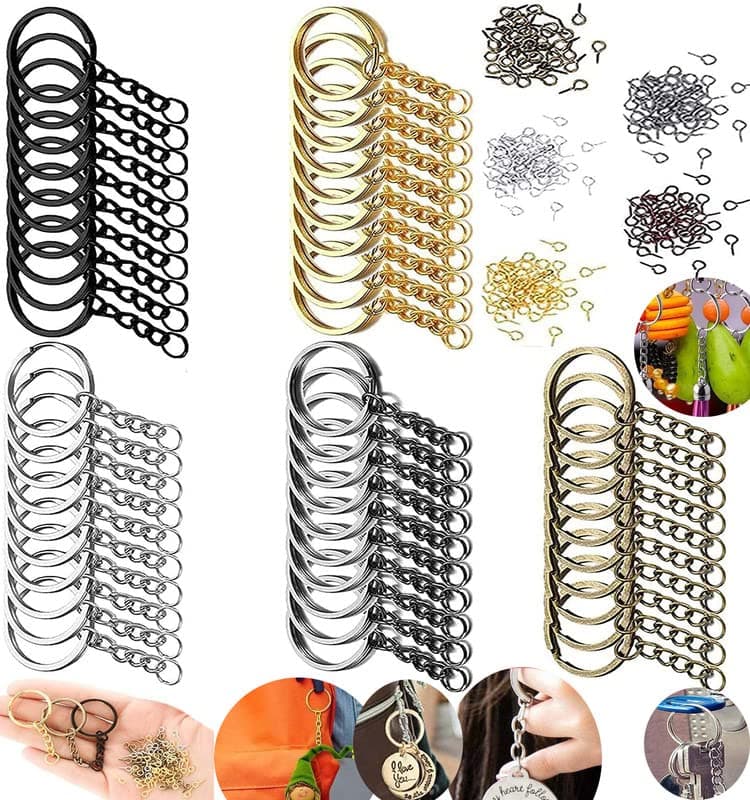 DIY Crafts 15 Pcs, Gold, Split Key Ring with Chain Set, Metal Flat Keychain Rings 1 Inch with Open Jump Rings and Screw Eye Pins Bulk, Colors, for Resin Jewelry (15 Pcs, Gold)