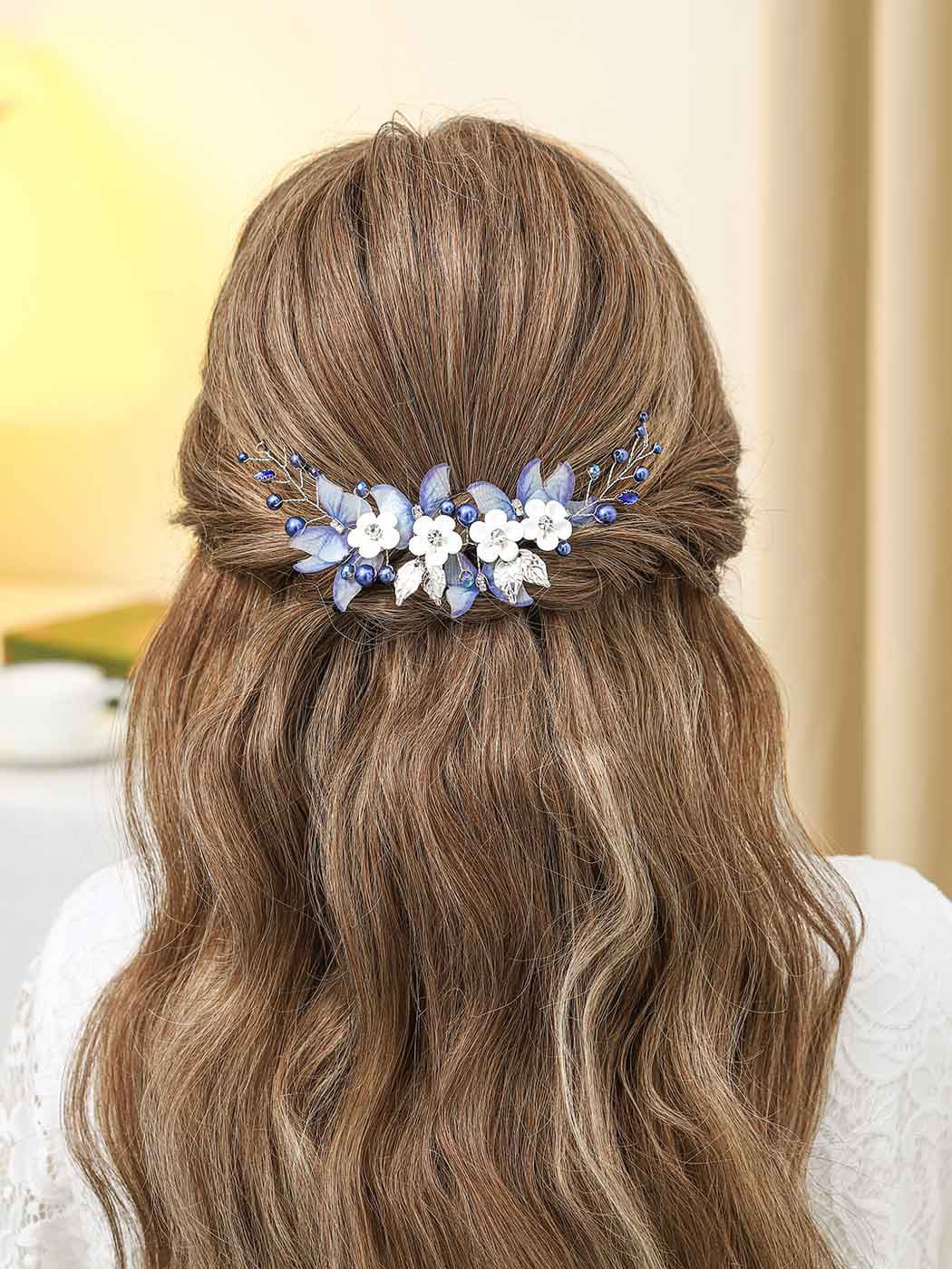 Unicra Butterfly Bride Wedding Hair Vine Blue Pearl Bridal Hair Piece Silver Hair Accessories Rhinestone Headband for Women and Girls