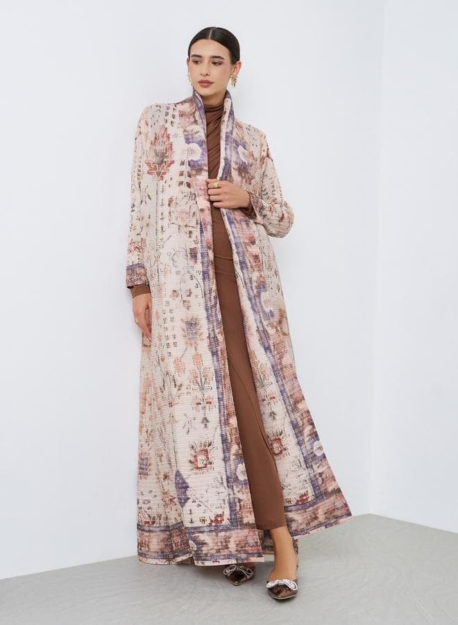 All-Over Printed Textured Pleated Long Sleeve Abaya