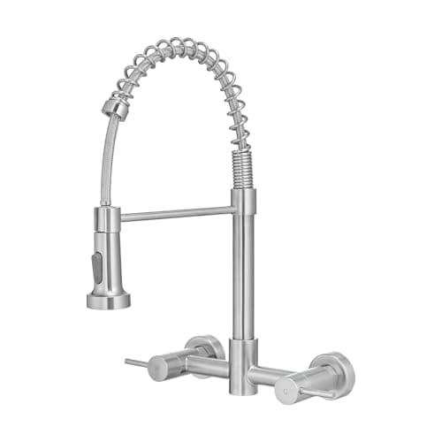 AIMADI Wall Mount Kitchen Faucets, 8-Inch Center Wall Mount Kitchen Sink Faucet with Pull-Down Sprayer,Modern Stainless Steel Design Double Lever Control