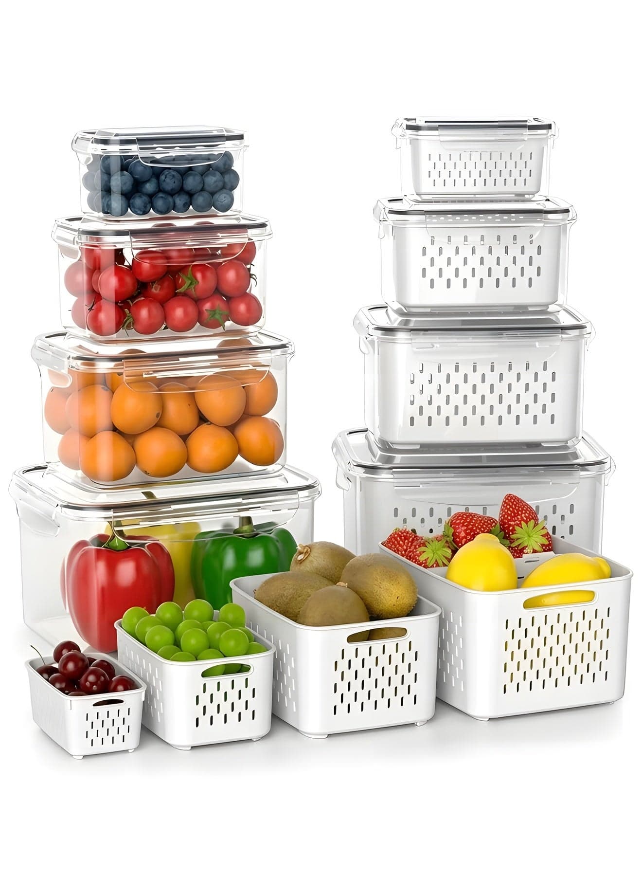 6 Pcs Large Fruit Containers- Leakproof Food Storage Containers with Removable Colander - Dishwasher & microwave safe Produce Containers Keep Fruits, Vegetables, Berry, Meat Fresh longer