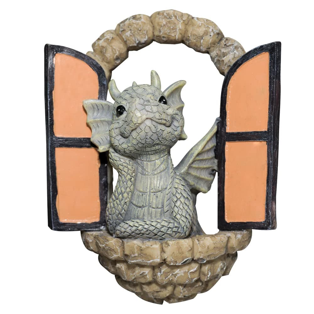 SHOWFEICAT Dragon Garden Ornament Resin Craft Ornament Statue Fairy Door Yard Art Outdoor and Garden Solar Light Luminous Sand Open Door Dragon Wall Statue Outdoors Decor Eye to Eye