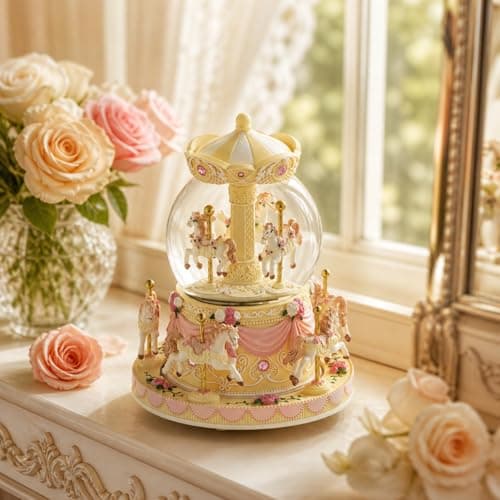 Carousel Snow Globe Music Box with LED Lights, Rotating Horse Merry Go Round, Wind Up Musical Snow Globe Plays You are My Sunshine, Gift for Daughter Granddaughter Girls Mom Birthday Christmas