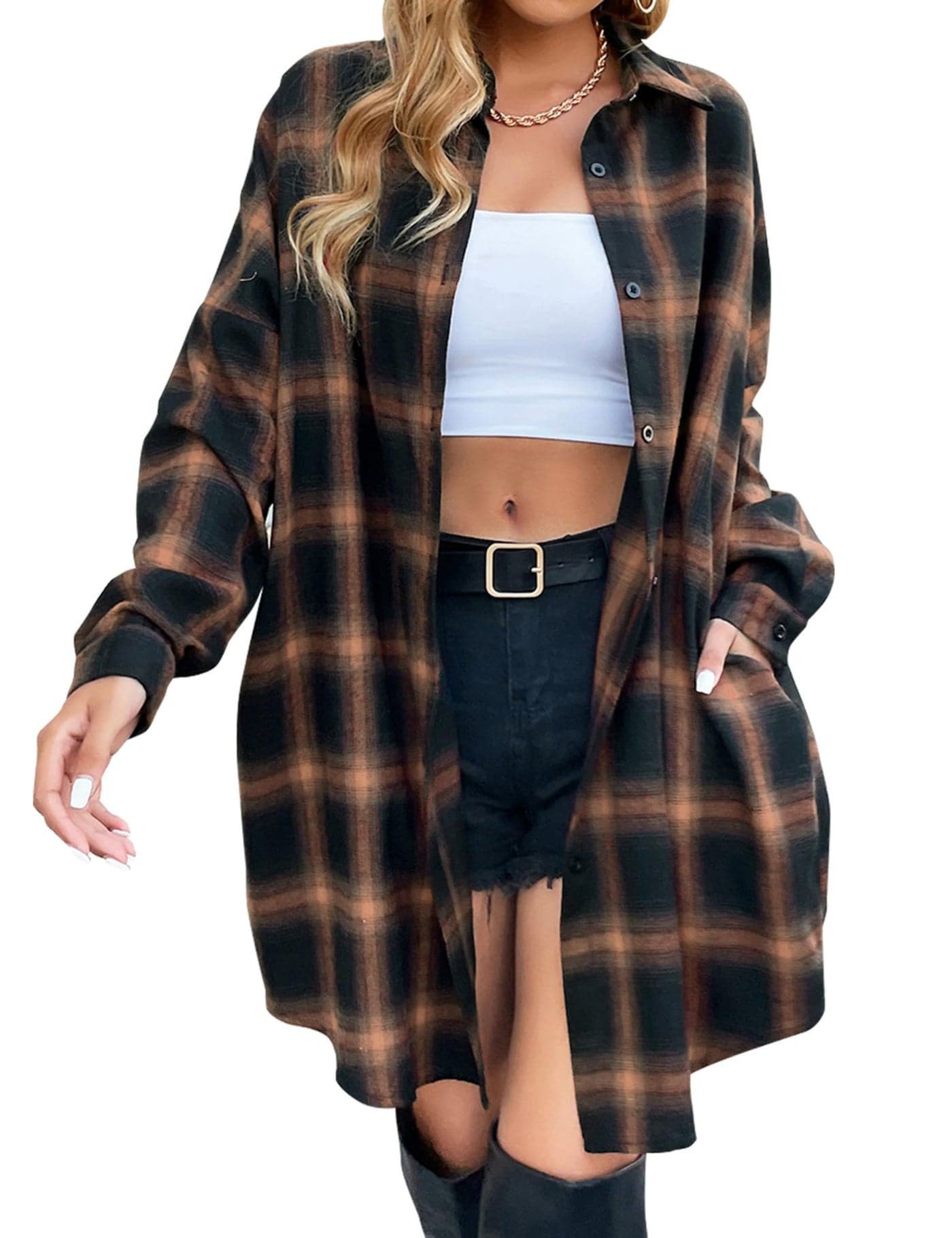 Blooming Jelly Women's Button Down Flannel Shirts Plaid Shacket Long Sleeve Collared Long Jacket Coats(Medium,Brown Plaid)