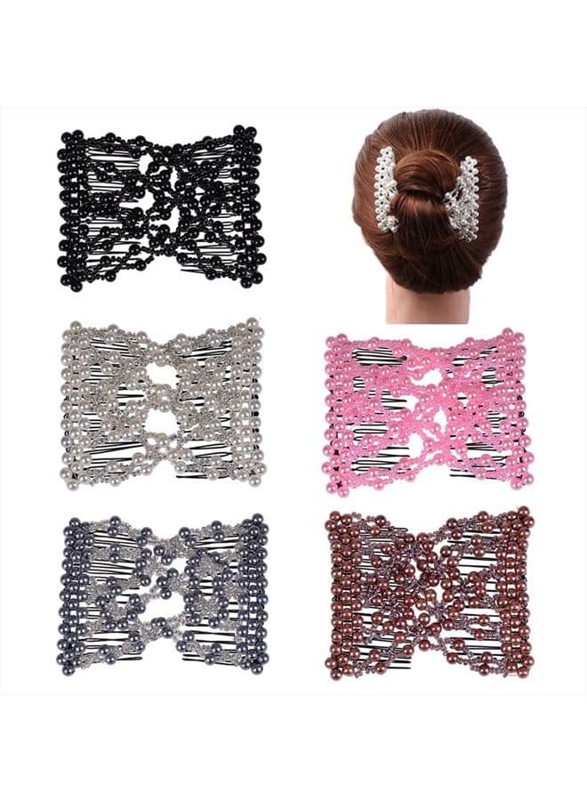 5Pcs Easy Stretch Beaded Hair Combs Double Magic Slide Metal Comb Clip Hairpins for Women Hair Styling
