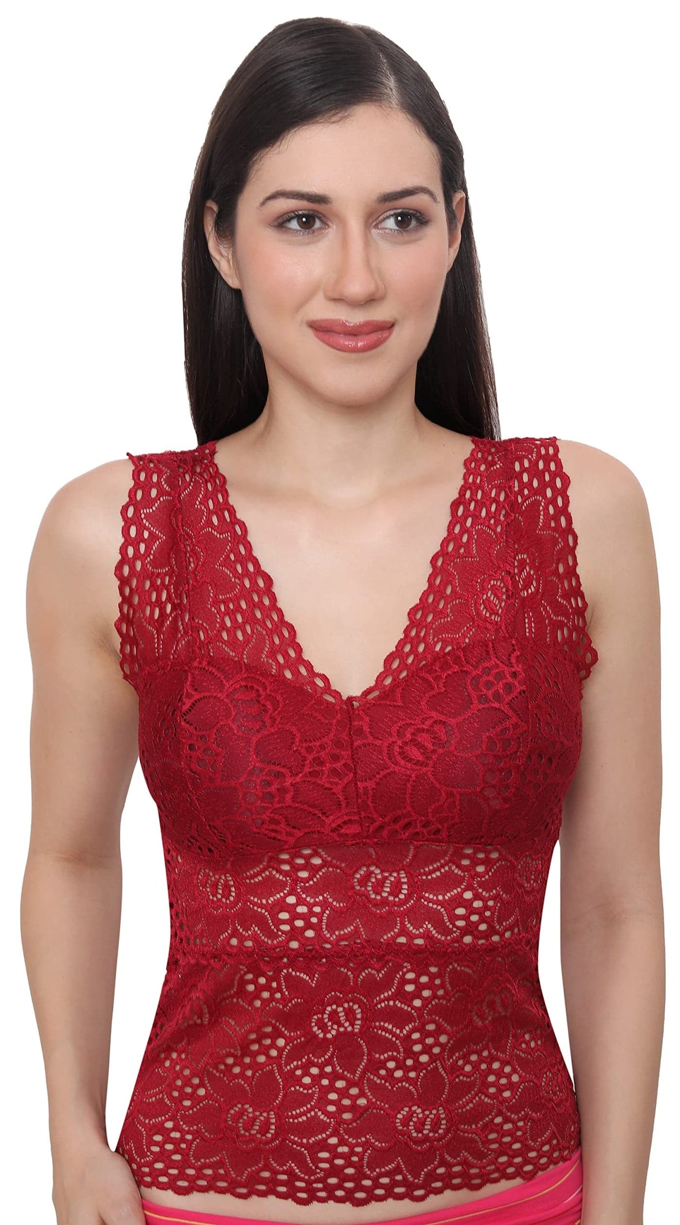 GLAMORAS Women's Nylon Spandex Solid Floral Lace Camisole Lightly Padded Seamless Breathable Stretchable Bralette Bras Size- 2XL, Maroon