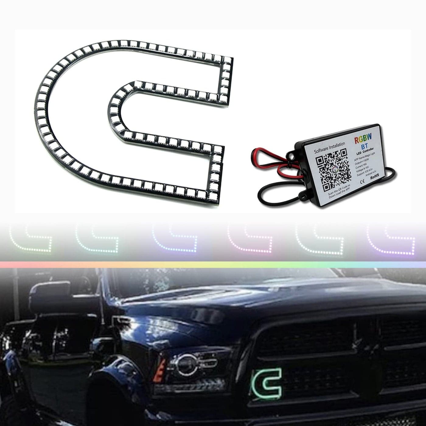GEEGEETOP Switchback MultiColored C Ring Illuminated LED Emblems RGB Control Compatible with Cummins Dodge Ram 2500 3500 Fender Emblems Bumper Pickup