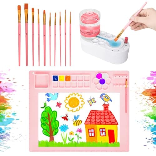 Painting Station Paint Brush Cleaner PreAssembled and Silicone Painting Mat 20X16 Silicone Art Mat with 10 Paint Brushes for Artist Kids Adults Birthday Gifts Pink