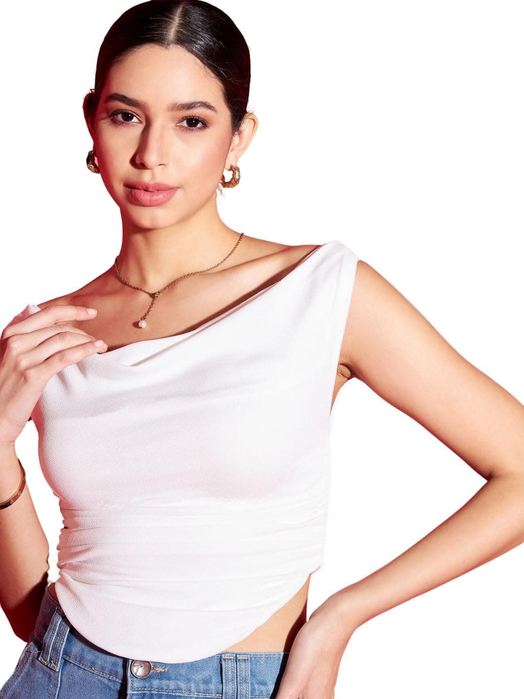 Uptownie Lite Cotton Stretchable Draped Crop Top White