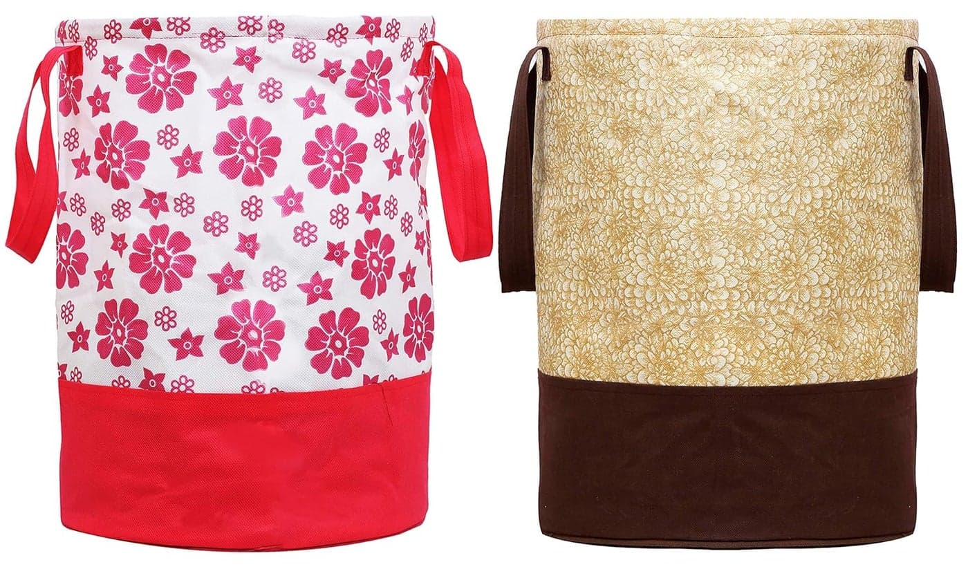 Kuber Industries Printed 2 Pieces Waterproof Canvas Laundry Bag Toy Storage Laundry Basket Organizer 45 L Brown Pink CTKTC034632