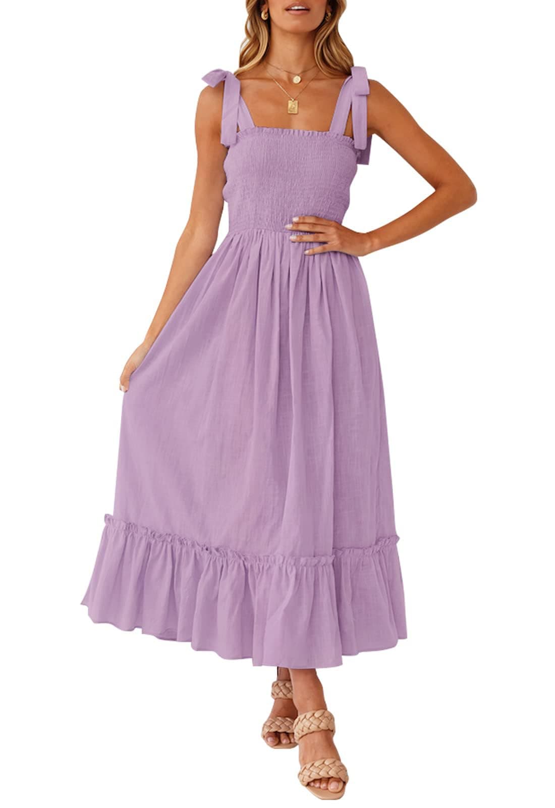 ZESICA Womens 2025 Summer Boho Spaghetti Strap Square Neck Solid Color Ruffle A Line Beach Long Maxi DressLavenderLarge