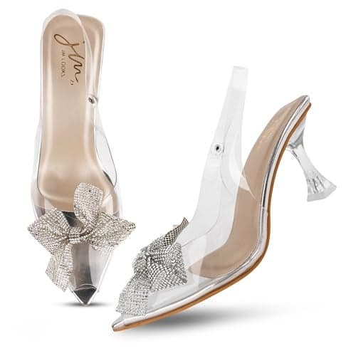 JM LOOKS Women's Silver Spool Heel Sandals with Upper Bow Comfortable Sole in Transparent