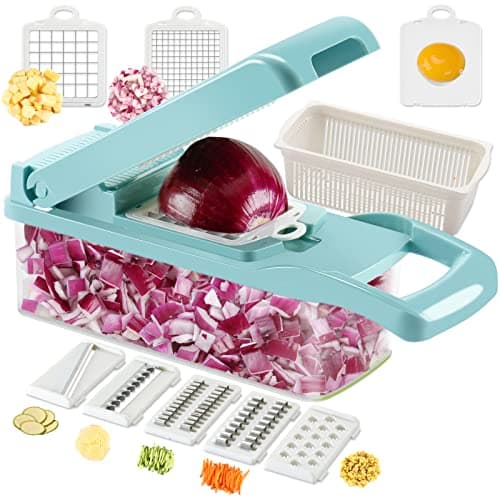 Ourokhome Vegetable Chopper Onion Cutter, 12 in 1 Professional Mandoline Slicer for Kitchen, Multifunctional Food Chopper for Potato, Tomato, Veggie with Strainer Basket, 8 Blades, Blue