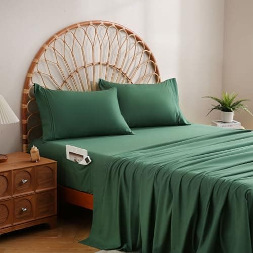 JSD Hunter Green Queen Sheet Set with Side Pocket Corner Straps, 4 Piece Soft Microfiber Bed Sheets Extra Deep Pocket