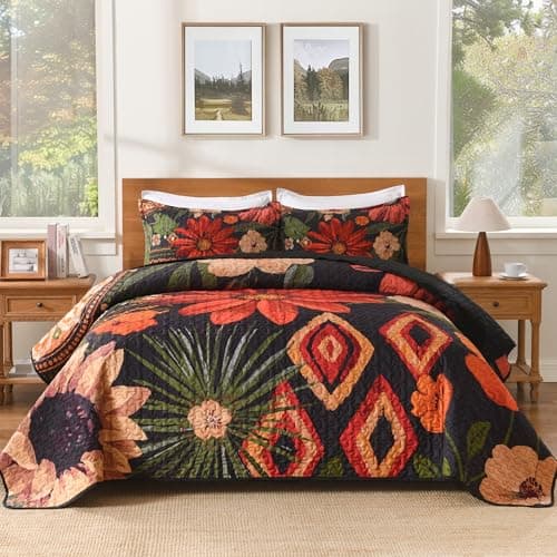 Andency Floral Boho Quilt King Size Bedding Set Black, 3 Pieces Farmhouse Flower Botanical Summer Bedspreads with 2 Shams, Soft Reversible Lightweight Polyester Coverlet Set for All Season, 106"x96"