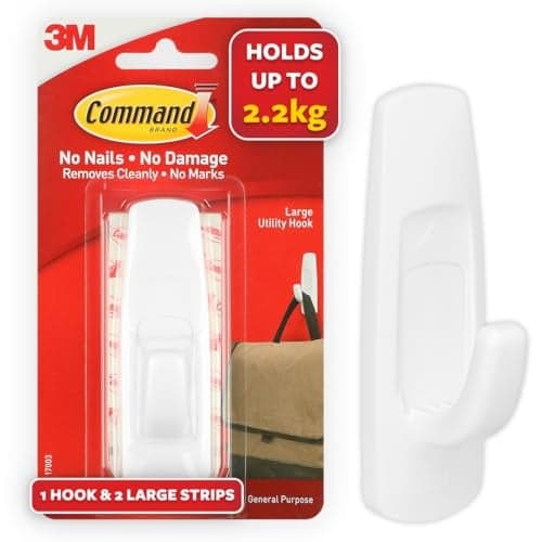 Command Large Plastic Hooks for walls, pack of 1 Hook and 2 Strips, Holds 2.2kg, Self Adhesive, Damage Free Walls,White