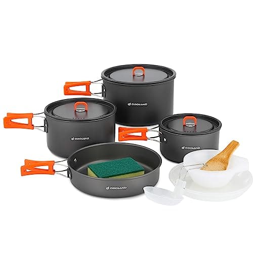 Odoland 15pcs Camping Cookware NonStick Lightweight Camping Pots and Pans Set with Plastic Plates Bowls Soup Spoon for Camping Backpacking Outdoor Cooking and Picnic