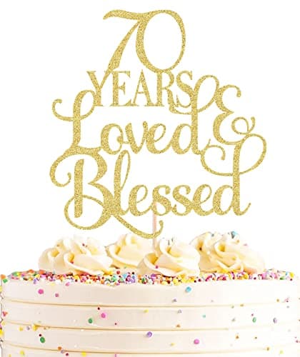 AHAORAY 70 Years Loved Cake Topper Gold Glitter 70th Birthday Cake Decorating Supplies Perfect for Wedding Anniversary or Birthday Party Decorations Photo Booth Props