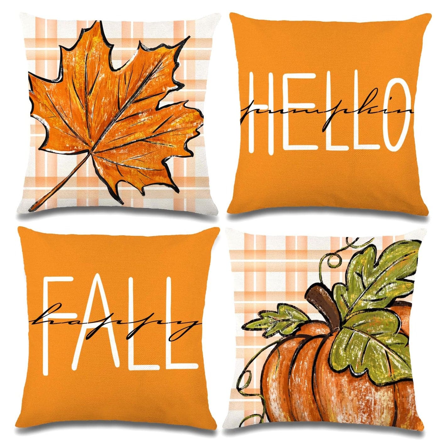YUJUN 4 Pack Fall Pillow Covers Decoration18x18in Buffalo Plaid Farmhouse Pumpkin Maple Leaves Thanksgiving Fall Throw Pillows Cushion Case Couch Decor for Autumn Home Outdoor Decorations