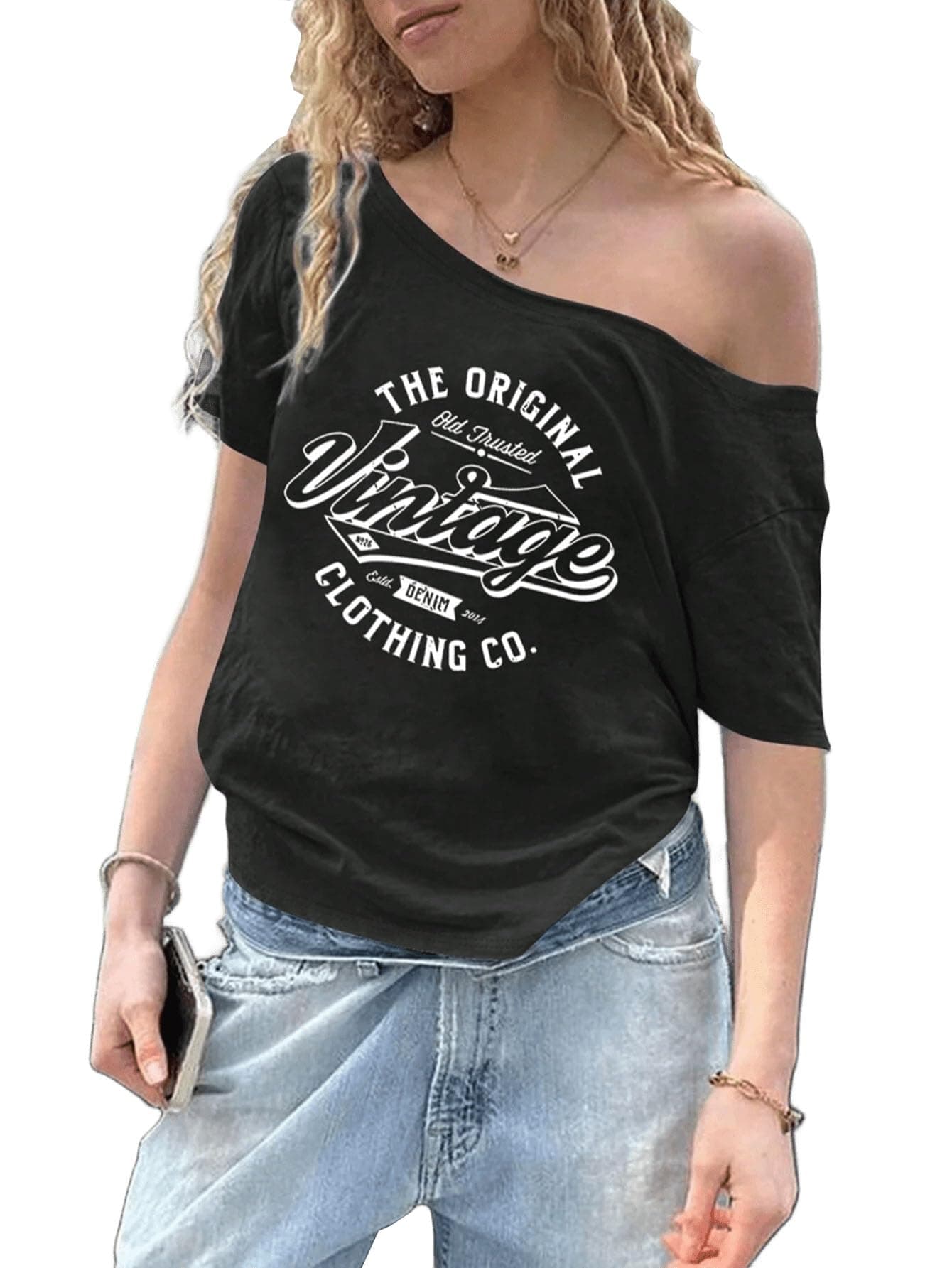 SXV Vintage Print Women's Off-Shoulder Asymmetric Neck Women's T-Shirt Summer (in, Alpha, 2XL, Regular, Black)