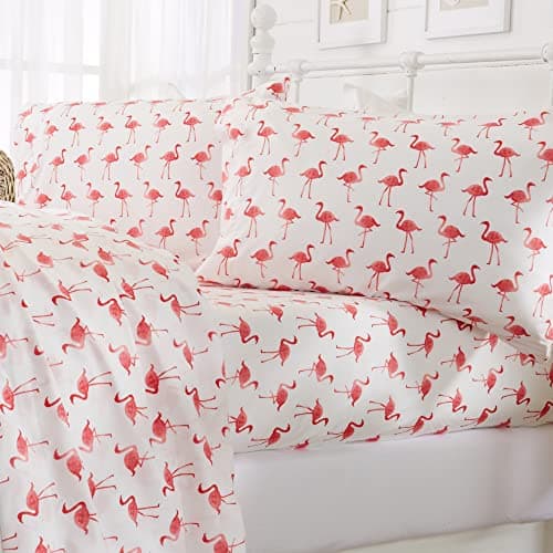 Great Bay Home 4-Piece Queen Coastal Microfiber Sheet Set - Nautical-Printed, Ultra-Soft Sheets - Beach-Themed Bedding Sheets & Pillowcases (Flamingo)