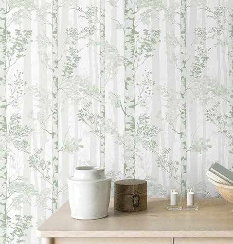 Safiyya 197173 Peel and Stick Wallpaper Light Green and White Contact Paper Tree Wallpaper Removable Self Adhesive Wall Paper for Bedroom Bathroom Vinyl Rolls