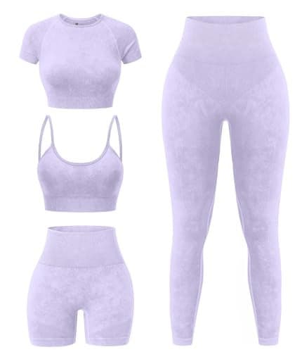 YOAKUKA Womens 4 Piece Workout Sets Seamless Acid Wash Yoga Outfits with Short Sleeve Top Sports Bra Biker Shorts High Waist Leggings Active Set