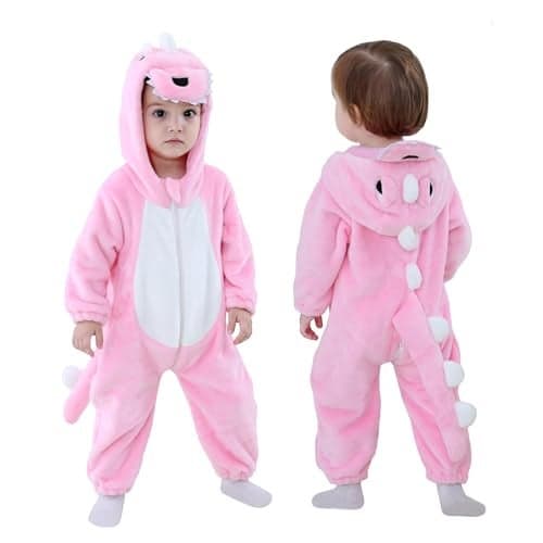 TONWHAR Kids And Toddlers Infant Tiger Dinosaur Animal Fancy Dress Costume Outfit Hooded Romper Jumpsuit 612 MonthsHeight2629Pink Dinosaur