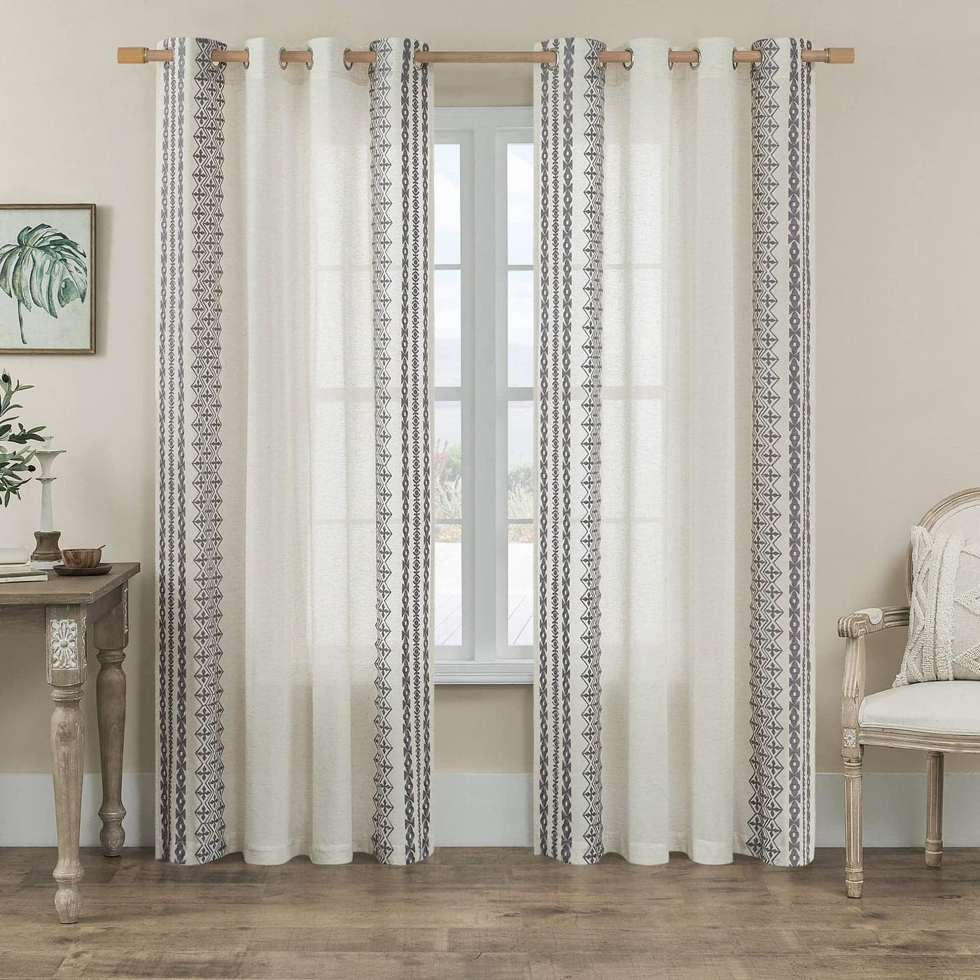 Grey Boho Curtains 95 Inches Long 2 Panels for Living Room Grommet Semi Sheer Natural Linen Curtains for Bedroom Dining Room Light Filtering Privacy Curtains Large Window Floor Length Drapes 52x95