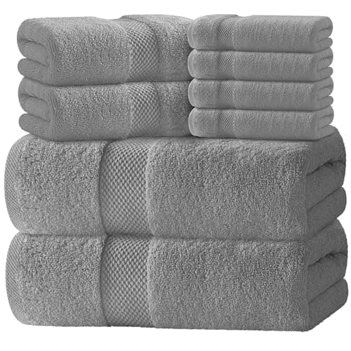 White Classic Luxury Bath Towel Set of 8 Pieces - 100% Turkish Cotton Highly Absorbent Towels for Bathroom, 2 Luxury Bath Towels 700GSM, 2 Hand Towels, 4 Washcloths, Light Gray