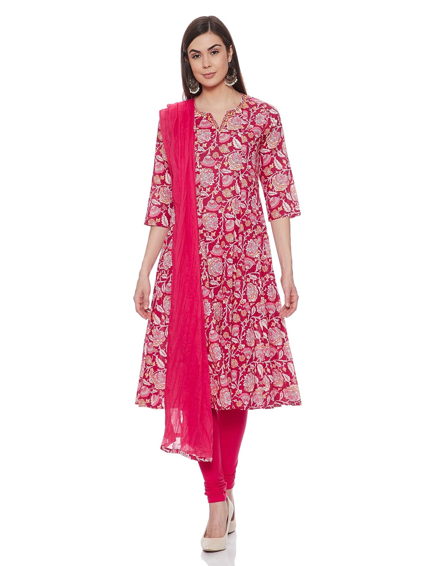 BIBA WOMEN PRINTED FITTED SALWAR KURTA DUPATTA(SKD7354_RED_32)