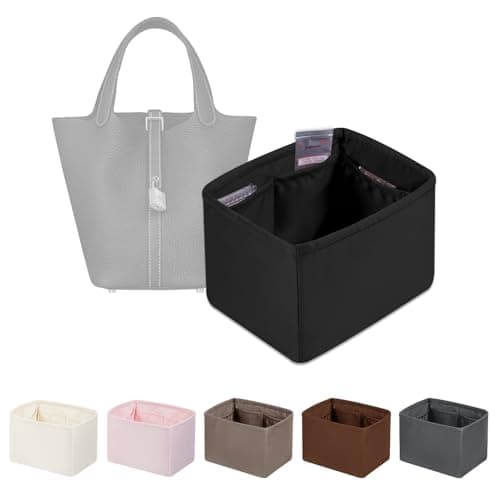 Purse Organizer Insert for Picotin 18/22, Satin Bag Organizer for Picotin Bags, Lightweight Purse Essentials for Women Luxury Handbags, Soft Touch Inner Liner with Multiple Pockets (Black, PC18)