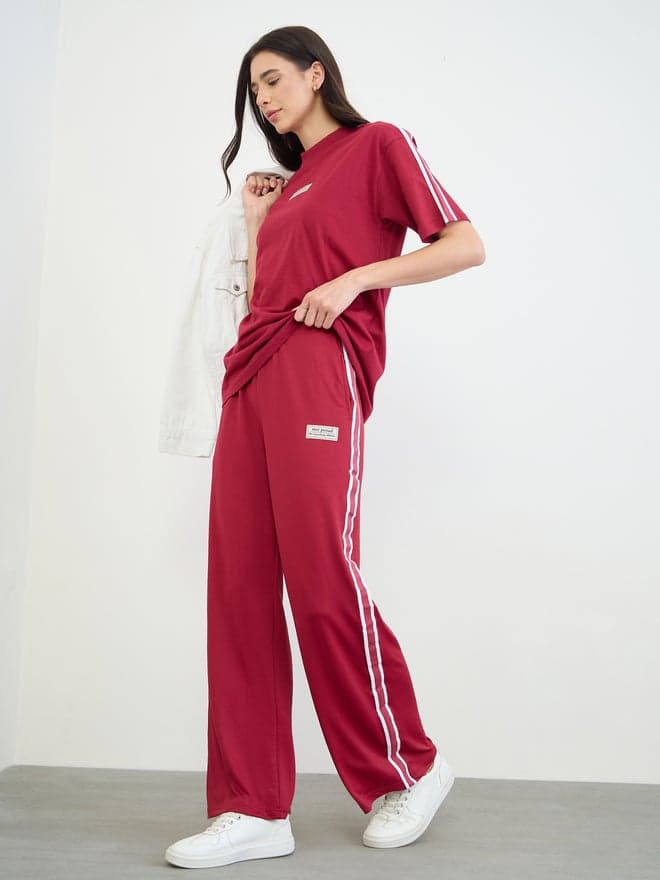 Burgundy Badge Detail Wide Leg Joggers