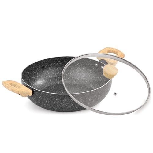 BERGNER Earth Black Non-Stick 28 cm Kadai with Glass Lid, 5.2 L Kadhai with Wooden Finish Soft Touch Handle, 2.5mm Thickness, Consumes Less Oil, White Marble Splatter, Induction Bottom and Gas Ready
