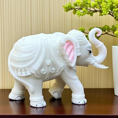 KRAFTSKALA Elegant White Jumbo Elephant Statue Trunk Up | Handcrafted Marble Dust Decorative Piece for Prosperity Good Fortune | Impressive Housewarming & Diwali Gift (8 x 10.5 inch)
