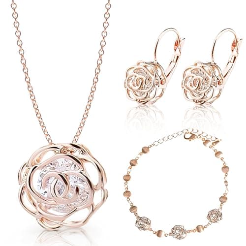 Crystalline Azuria Women 18K Rose Gold Plated White Crystal Roses Flower Set Necklace Earrings Bracelet for Women Wedding Party Bridal Bridesmaid Accessories